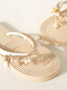 Handmade Natural Shell And Starfish Rhinestone Decorated Strap, Straw Design Flat-Soled Fashionable Casual Beach Sandals, Suitable For Summer Beaches, Vacations, Travel, Embossed Soothing Upper, Women's Soft-Soled Non-Slip Flat Flip-Flops