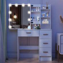 White Dressing Table With LED Makeup Mirror And 7 Shelves 4 Drawers Vanity Desk