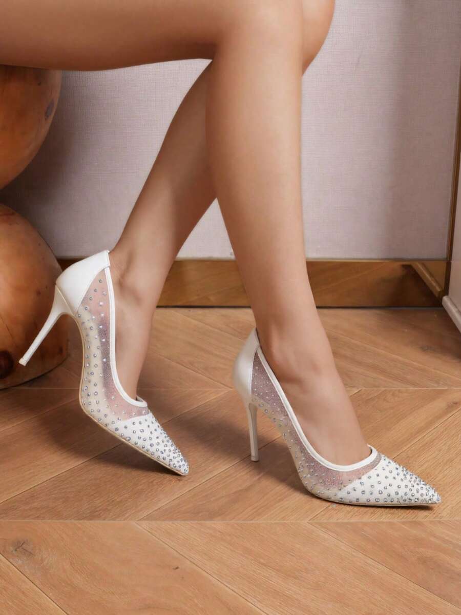 RevReaL Elegant Mesh Pumps With Studded Detailing Valentines Stylish High Heels - White - View 1