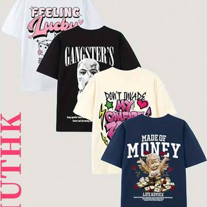 (220 Cotton T-Shirt) 4-Piece Set With Letter 'MONEY' And Portrait Pattern Print For Men's Summer Round Neck Short Sleeved Casual Cotton Print