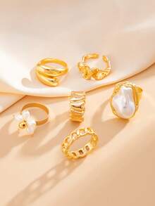 6 件套复古创意珍珠花朵设计戒指套装，优雅时尚巴洛克珍珠戒指，朋克嘻哈金色金属指节戒指，适合女性日常佩戴、派对、宴会配饰、节日礼物、百搭服装搭配首饰