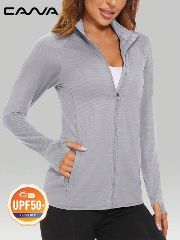 Cavva Chaqueta ligera para mujer con protección UPF 50+, de secado rápido y elástica, de manga larga tipo cárdigan, con textura, ajuste ceñido, mangas raglán, bolsillos con cremallera oculta, puños con ojal para el pulgar, ideal para actividades al aire libre, senderismo, running y yoga