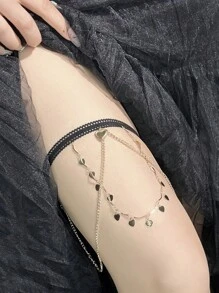 1pc Black Lace Elastic Thigh Garter, Fashionable Tassel & Heart Chain Thigh Chain Leg Harness, Bridal Wedding Accessories