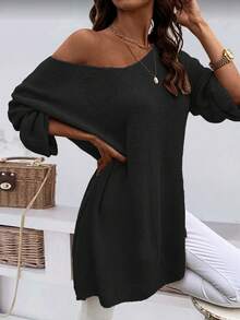 Plus Size Solid Color Round Neck Casual Loose Side Slit Asymmetrical Hem Knit Pullover Sweater Black Spring - Black - View 2