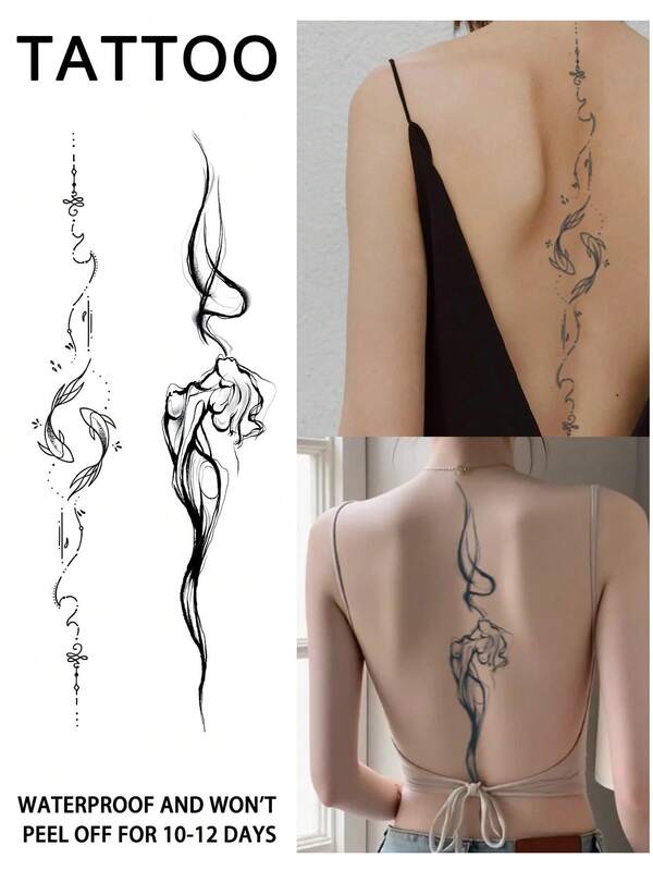2Pcs Spine Fake Tattoo Temporary Tattoos Semi Permanent Tattoo Waterproof Sweatproof Last For 1-2 Weeks Realistic Herbal Juice Anti-Friction Non-Reflective Black For Woman And Men Tattoo Stickers For Arm, Chest, Leg, Abdomen, Waist, Finger, Neck, Spine, Modernist Body Art