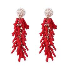 1 Pair Fashionable Red Coral Tassel Resin Earrings, Suitable For Women To Wear To Festivals, Parties, And Dates