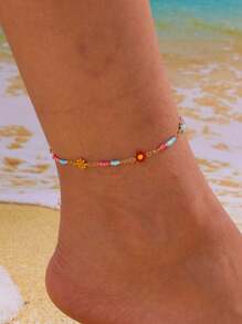 1 Cadena de tobillo de oro con diseño de girasol de playa de verano, un regalo para una amiga con cuentas aleatorias