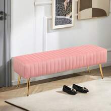 FURNIMART Fumahome Tufted Ottoman Bench With Golden Legs Modern Rectangular Bedroom Bench Luxurious Velvet Upholstered End Of Bed Bench Ottoman Footrest For Living Room Bedroom Entryway - 粉色 - 查看 1