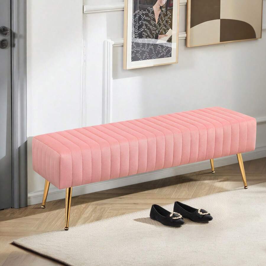 FURNIMART Fumahome Tufted Ottoman Bench With Golden Legs Modern Rectangular Bedroom Bench Luxurious Velvet Upholstered End Of Bed Bench Ottoman Footrest For Living Room Bedroom Entryway - 粉色 - 查看 1