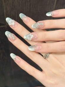 YADORNOS 10 件薄荷绿 3D 浮雕花卉猫眼手工指甲亚克力按压指甲夏季指甲甜美可爱花朵水钻装饰中长棺材/椭圆形/方形法式假指甲全覆盖指甲尖带果冻胶和指甲锉，DIY 美甲用品 - 薄荷綠 - 查看 20