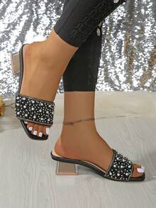 Sandalias de tacón alto grueso con punta abierta para mujer, correa de PVC transparente con decoración de rhinestones, chanclas de verano de tacón medio con slip-on, regalo de San Valentín - Negro - Ver 4