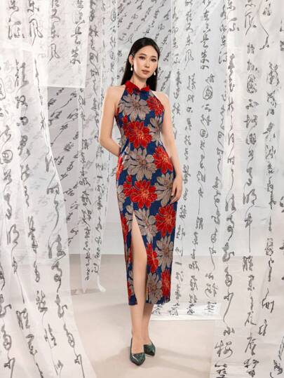 精致女士新款中式旗袍，采用小立领、无袖设计和优雅开衩设计，非常适合正式晚会、奢华晚宴、婚宴、独家会议和红毯亮相