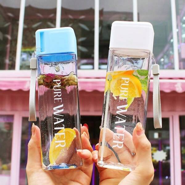 1 Stück 450ml quadratische Plastikwasserflasche, Studententrinkbecher, personalisierter praktischer Becher, auslaufsicher und stoßfest, Plastikbecher geeignet für Zuhause, Reisen, Trinken von Bier und Getränken unterwegs