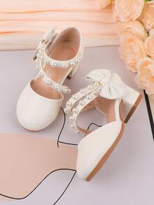 White Dress Shoes With Pearls Suitable For Girls & Kids, Fashion High Heels Or Thick Heels For Formal Dress, Recital, Wedding, Party, Sweet & Cute Butterfly Decor, Low Heels Or High Heels Available - White - View 3