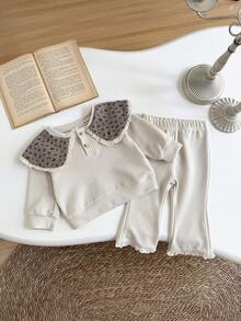 2 件套女婴碎花彼得潘领休闲长袖运动衫和长裤，春秋装 - 杏色 - 查看 6