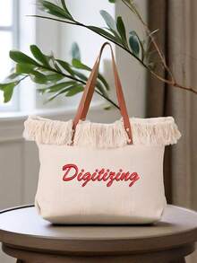 1pc Customized Embroidered Handbag, Summer New Arrival Fringe Woven Canvas Tote Bag, Large Capacity Portable Shoulder Bag, Fashion Versatile Satchel, Suitable For Students, Summer Outings, Commuting, Gift For Family, Friends, And Girlfriends, School Supplies, Back To School, School Gift, For Boys And Girls, For Teenagers, Junior High School Students, Middle School Students - Multicolor - View 5