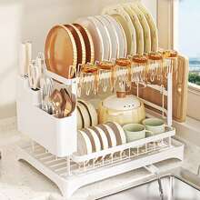 2 Tiers Dish Drying Rack Plate Bowl Cup Utensil Drainer Tray Cutting Board Pot Lid Holder Cutlery Storage Basket Kitchen Sink Countertop Organizer Adjustable Drain Pipe