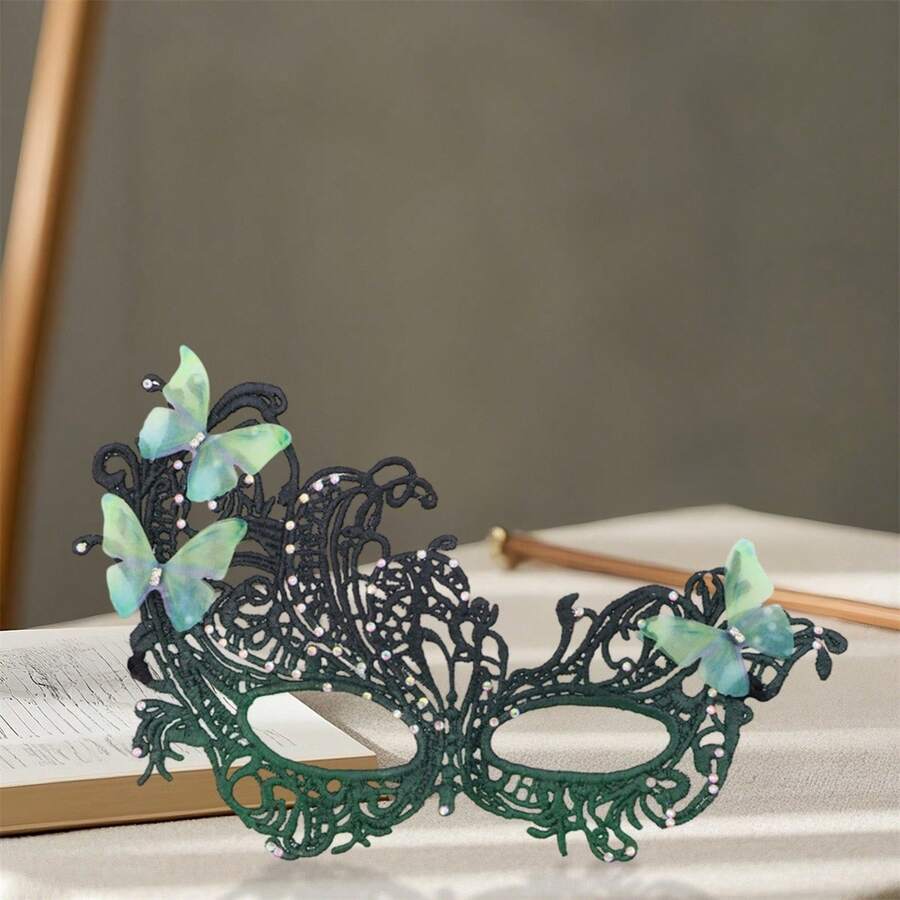 Halloween Rhinestone Butterfly Mask - Sparkling Butterfly Shape With Bright Rhinestone Embellishments, For Masquerade, Cosplay Dress Up To Add Mysterious Charm, Light And Elegant, So That Your Holiday Styling Is More Dreamy And Gorgeous - 綠色 - 查看 1
