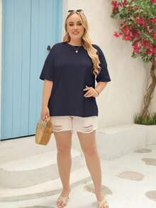 Women's Plus Size Oversized T Shirt Half Sleeve Crew Neck Summer Tunic Top - 藏蓝色 - 查看 4