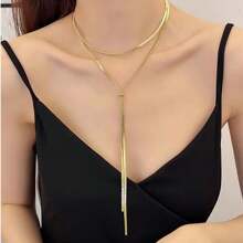 Collier long à pampilles en acier inoxydable plaqué or 100 cm, chaîne serpent, pour femmes et hommes, bijoux à la mode, cadeaux de fête, bijoux fins en acier inoxydable, breloque ajustable, chaîne serpent plate, pendentifs pour femmes. Élégant collier chaîne serpent en Y - Style minimaliste, finition métallique, pendentif long à pampilles pour femmes, accessoire classique du quotidien, bijoux de tous les jours, collier minimaliste, boucles d'oreilles pendantes