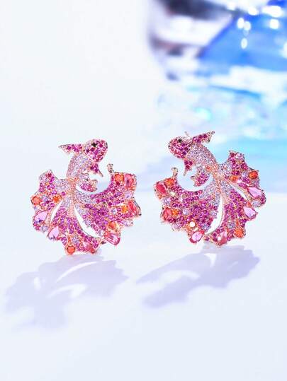1 Pair Creative Unique Symmetrical Pink & Red Cubic Zirconia Luxury Big Earrings For Women, Festival, Wedding, Bridal Party Jewelry
