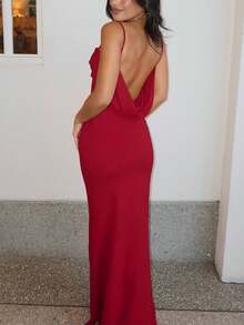 Women Solid Backless Skinny Strap Long Dress Bodycon Sexy Elegant Party Dress - Red - View 2