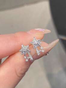 2pcs S925 Sterling Silver Fashionable All-Match Elegant Cubic Zirconia Star-Shaped Earrings, Suitable For Women's Daily Wear, Gifts, Festivals, Parties, Jewelry