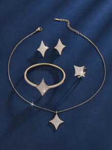 4pcs/Set Copper Middle Eastern Style Full Crystal Luminous Bracelet + Ring Necklace Earring Luxury Jewelry Set