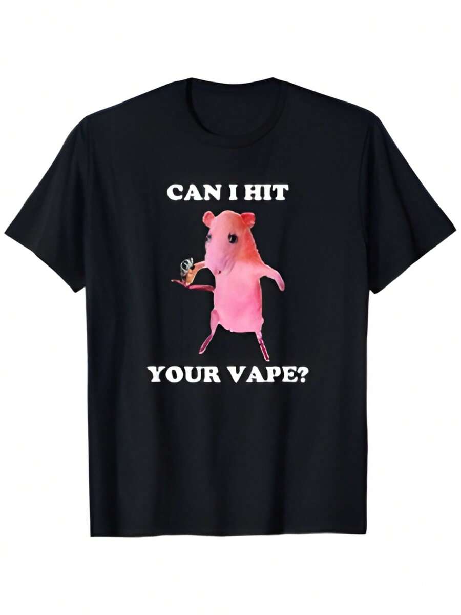 Funny Pink Rat Vape Graphic Printed Cotton T-Shirt,Casual Soft Short-Sleeved 100% Cotton 220g T-Shirt - Black - View 1