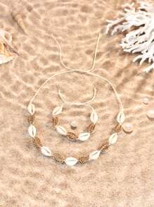 2 pièces/set Style de vacances balnéaire bohème, collier et bracelet set coquillage, coquillages dorés et roses faits main noués, convient pour les vacances ou les fêtes