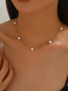 1 pieza Collar minimalista de acero inoxidable con cuentas blancas de plástico, adecuado para que las mujeres lo usen en compromiso o boda, un gran regalo para amigas o madres