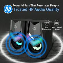 HP صوت الكمبيوتر DHE-6000 مكبر صوت صغير لا يشغل سطح المكتب تأثير إضاءة RGB جهير مرتفع ضبط مستوى الصوت سلكيًا من النوع الأسطواني التوصيل والتشغيل التوافق الذكي أسود