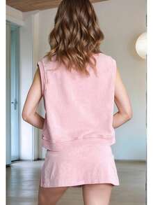 Mineral Wash Round Neck Tank Top Lined High Waist Split Skirt Set - Light Pink - 查看 2