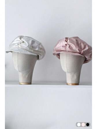 1pc缎面百褶贝雷帽粉色女新款韩版薄面料云朵形八角帽时尚文艺帽大气百搭素颜缎面八角帽显脸小复古小众报童帽鸭舌帽