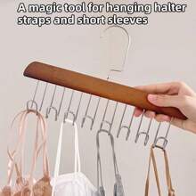 1pc Sturdy Wooden Inner Wardrobe Hanger, Wooden Hanger With 8 Hooks, Foldable To Save Space, Wooden Clothing Storage Box, Suitable For Storing Bras, Ties, Vests, Strapless Bras And Scarves
