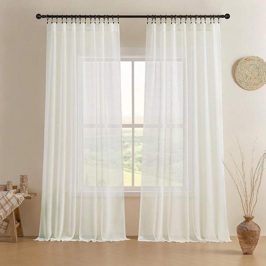 Sheer Curtains 84 Inches Long, White Curtains Living Room 2 Panels Set, Linen Curtains Window Privacy With Filtering (W52 X L84 Inch, Linen), Home Decor - 淺米色 - 查看 1