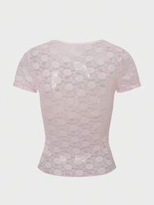 Y2K Seductive Lace Trim Collar Slim Fit Short Sleeve T-Shirt Top Casual - Pink - View 8