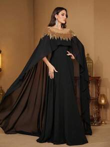 [Random Print] SUPGIR Women's V-Neck Long Sleeve Sequin Patchwork Slim-Fitting High Slit Ball Gown Temperament Evening Dress - Black - View 6