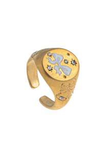 1 anel de aço inoxidável europeu e americano, leve e luxuoso, com pintura de amor em forma de leão e sereia, da moda verão. Banhado a ouro 18K, à prova d'água e resistente ao suor, adequado para o Dia dos Namorados e feriados, ideal para férias de verão na praia, atividades ao ar livre e passeios de fim de ano. Joias femininas.