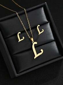 1 Set A-Z Stainless Steel Initial Necklace And Stud Earrings Jewelry Sets Alphabet Letter Pendant Chain Accessories Gifts