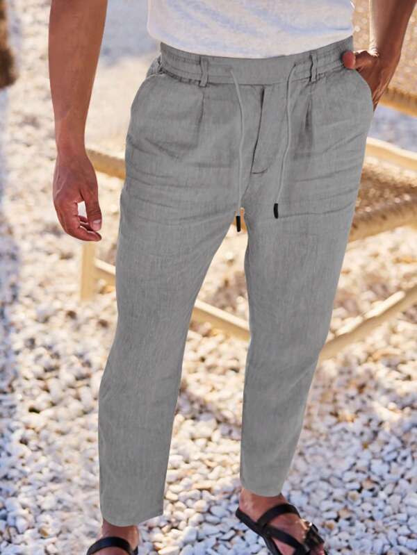 Men's Simple Solid Color Casual Linen Drawstring Straight Leg Pants, Fall