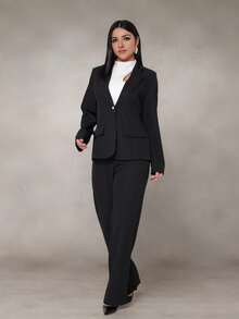 WUUW Women Office Formal Suit Set, Elegant Business Formal Set, 2 Piece Set, Plain/Button/Pocket/Zipper/Office - Negro - Ver 2