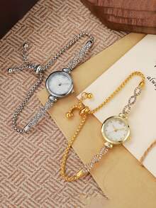 1pc/Set Cute & Elegant Round Compact Crystal Bezel Quartz Wrist Watch With Steel Strap, Suitable For Birthday, Graduation, Children Gifts - Gold - View 5