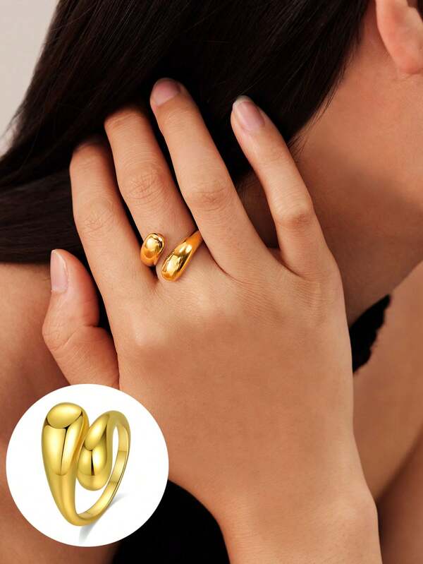 1 Pc Elegant And Fashionable Elegant Stainless Steel Polished Drop-Shaped Double-Layer Irregular Gold Ring Is Suitable For Ladies To Wear Daily.