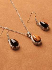 Juego de joyas de collar con colgante y pendientes de piedra de ojo de tigre en forma de lágrima de alta calidad para mujeres