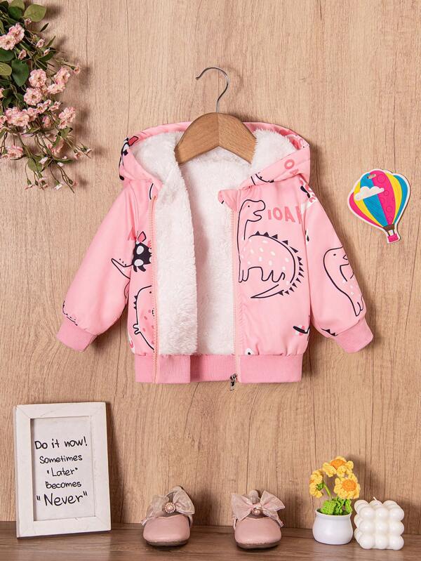 Chaqueta con capucha con cremallera y forro térmico con estampado de dinosaurios de dibujos animados para bebés niñas, ropa casual de invierno para uso al aire libre para niños pequeños