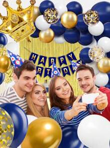 142 Blue Sapphire And Gold Decorative Balloons, Decorated With A Navy Blue Balloon Garland Set, Gold And White Confetti, Aluminum Foil Crown, Suitable For 2025 Graduation, Bridal Party, Birthday, Party Decoration.