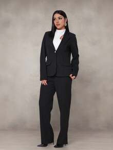 WUUW Women Office Formal Suit Set, Elegant Business Formal Set, 2 Piece Set, Plain/Button/Pocket/Zipper/Office - Negro - Ver 3