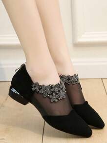 Elegant Spring & Summer Women's Rhinestone Decorated Mesh Sandals - Pointed Toe, Low Heel, Flat, Non-Slip Rubber Sole, Zip Closure, Black, Comfortable Casual