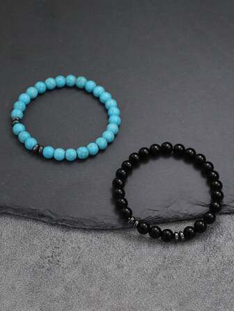 1pc Simple Bracelet Black Stone Red White Turquoise Tiger Eyes Stone Men Bracelet Jewelry Handmade Beaded Stone Elasticity Bracelet